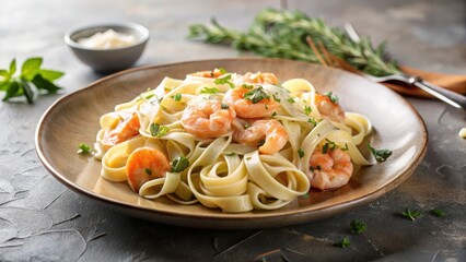 Aromatic Creamy Shrimp Pasta Dish, Delicately Garnished with Fresh Herbs on a Rustic Plate