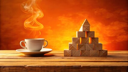 Aromatic steam rises from a warm beverage beside a meticulously constructed wooden block pyramid, symbolizing growth and achievement against a vibrant, warm backdrop.