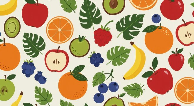 Colorful fruit and tropical leaf pattern on a light beige background.