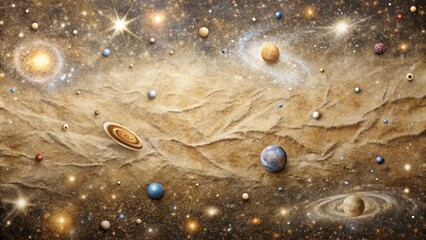 Celestial Bodies Adorning a Textured Cosmic Landscape with Glimmering Stars and Nebulas