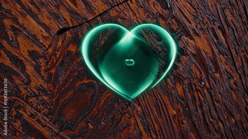 Poster a vibrant emerald green light animation in the shape of a heart against a wooden background, creatin