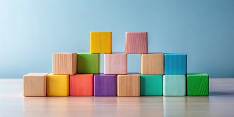A vibrant arrangement of colorful wooden blocks forming a visually appealing structure on a light-colored surface against a tranquil backdrop