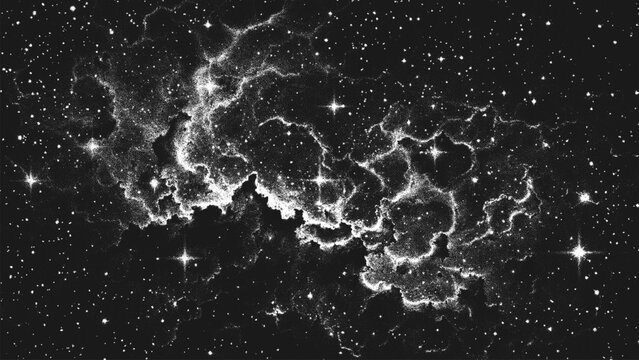 Deep space scene background in stippling style with glowing stars cluster and mesmerizing huge nebula as stellar nursery where stars are born. Dotwork. Pointillism. Noisy shading using dots. Vector