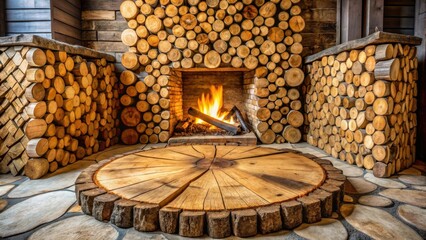 Rustic Fireplace Surround with Stacked Wood Logs and Circular Wooden Hearth