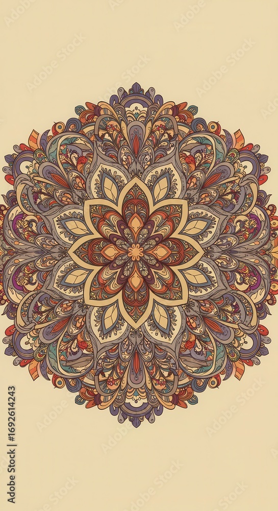 Poster a detailed and ornate mandala design features a symmetrical arrangement of intricate patterns and sw