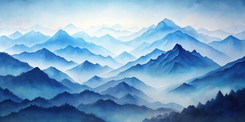 Serene Blue Mountain Range A Misty Watercolor Landscape Depicting Rolling Hills and Peaks Under a Soft Sky