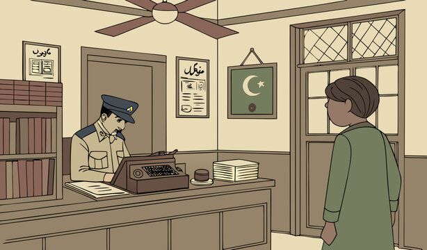 &ldquo;A Pakistani police reporting desk with a citizen filing a complaint. The officer is in Pakistani police uniform, sitting behind a wooden desk filled with files, stamps, and an old typewriter. Add dus