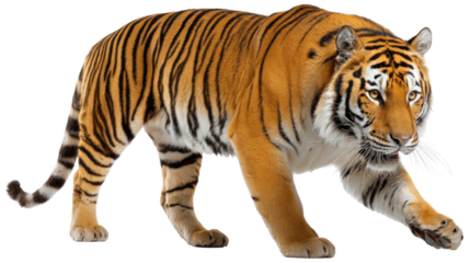 Majestic Tiger on the Move: A stunning tiger strides purposefully, showcasing its impressive stripes and powerful physique, an image of the raw beauty and strength of nature.