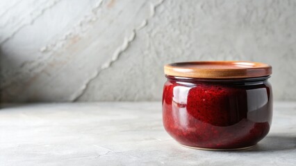 A dark red ceramic jar with a light brown lid sits on a gray surface against a textured background