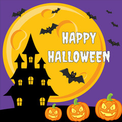 Vector Halloween invitation design with scary trees, full moon, bats and pumpkins on dark background. Clean vector Halloween flyer or postcard showing haunted trees, full moon, flying bats and pumpkin