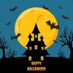 Vector Halloween invitation design with scary trees, full moon, bats and pumpkins on dark background. Clean vector Halloween flyer or postcard showing haunted trees, full moon, flying bats and pumpkin