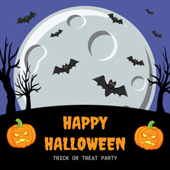 Vector Halloween invitation design with scary trees, full moon, bats and pumpkins on dark background. Clean vector Halloween flyer or postcard showing haunted trees, full moon, flying bats and pumpkin