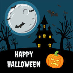 Vector Halloween invitation design with scary trees, full moon, bats and pumpkins on dark background. Clean vector Halloween flyer or postcard showing haunted trees, full moon, flying bats and pumpkin