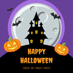 Vector Halloween invitation design with scary trees, full moon, bats and pumpkins on dark background. Clean vector Halloween flyer or postcard showing haunted trees, full moon, flying bats and pumpkin