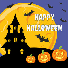 Vector Halloween invitation design with scary trees, full moon, bats and pumpkins on dark background. Clean vector Halloween flyer or postcard showing haunted trees, full moon, flying bats and pumpkin