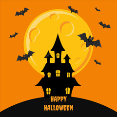 Vector Halloween invitation design with scary trees, full moon, bats and pumpkins on dark background. Clean vector Halloween flyer or postcard showing haunted trees, full moon, flying bats and pumpkin