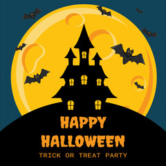 Vector Halloween invitation design with scary trees, full moon, bats and pumpkins on dark background. Clean vector Halloween flyer or postcard showing haunted trees, full moon, flying bats and pumpkin