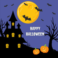 Vector Halloween invitation design with scary trees, full moon, bats and pumpkins on dark background. Clean vector Halloween flyer or postcard showing haunted trees, full moon, flying bats and pumpkin