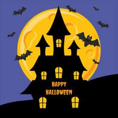 Vector Halloween invitation design with scary trees, full moon, bats and pumpkins on dark background. Clean vector Halloween flyer or postcard showing haunted trees, full moon, flying bats and pumpkin