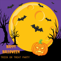 Vector Halloween invitation design with scary trees, full moon, bats and pumpkins on dark background. Clean vector Halloween flyer or postcard showing haunted trees, full moon, flying bats and pumpkin
