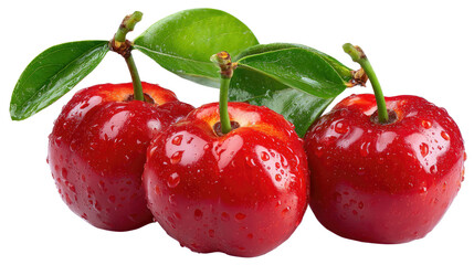 Vibrant Cherries: Captivating close-up of juicy, ruby-red cherries adorned with fresh, verdant leaves, inviting viewers to savor the natural beauty of this tempting fruit.