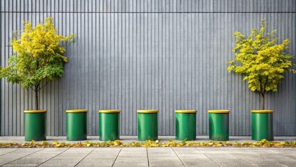 Autumnal Serenity Green Cylinders Flanked by Vibrant Yellow Trees Against a Modern Gray Wall