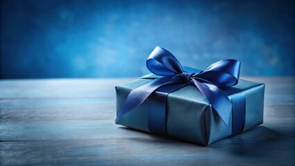 A luxuriously wrapped present with a deep blue satin ribbon, elegantly displayed on a rustic wooden surface against a blurred blue backdrop.