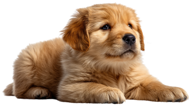 Golden Retriever Puppy's Gentle Gaze: A cute golden retriever puppy lies down, its warm golden fur contrasting with the backdrop, emanating an aura of warmth and gentleness.