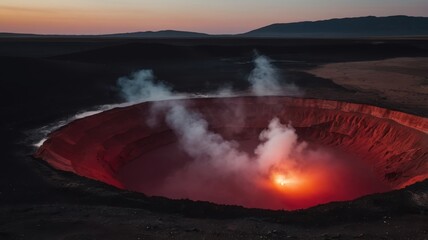 Dramatic Aerial View of a Volcanic Crater at Sunset, with Steam and Red Glow