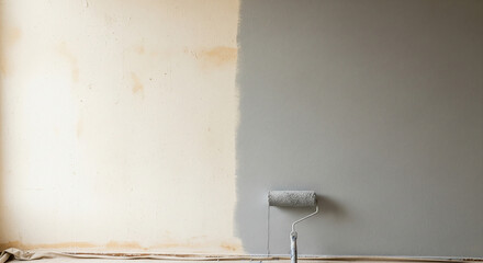 A split-image view of a wall, showing a distinct before-and-after of a painting project. One half of the wall is the original, unfinished surface
