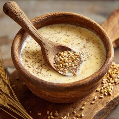 Rustic spoon laid on top of grain and cream mixture in handcrafted bowl