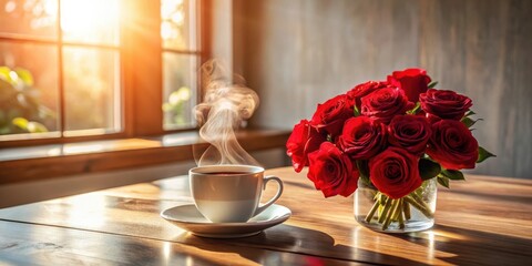 Aromatic Morning Brew and a Bouquet of Crimson Roses on a Sunlit Table