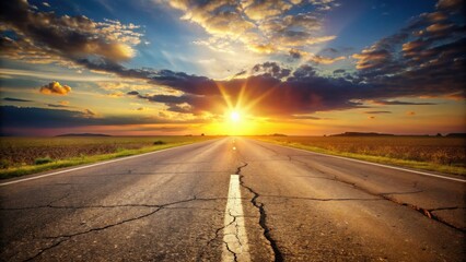Asphalt Path Ahead A Scenic Drive into a Vibrant Sunset Over a Tranquil Field