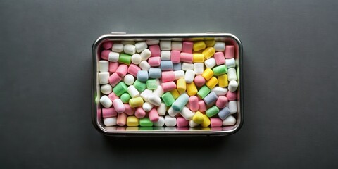 Pastel-colored miniature marshmallows in a metallic container on a dark surface. A delightful assortment of sweet treats arranged for a visually appealing presentation.