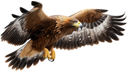 Soaring Eagle in Flight: A majestic eagle with outstretched wings soars powerfully, showcasing its impressive plumage and piercing gaze, symbolizing freedom and strength. 