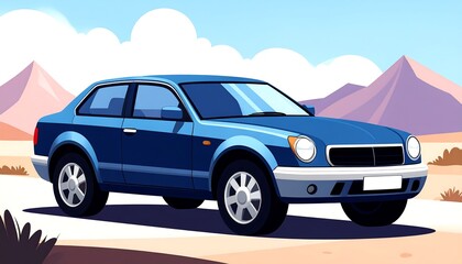 A stylized illustration of a blue car on a desert road