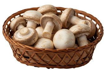 茶色のキノコが茶色のバスケットに山積みされた透明な背景のクローズアップ