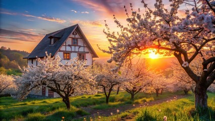 Serene Sunrise Illuminates a Charming House Nestled Amongst Blossoming Fruit Trees in a Picturesque Meadow