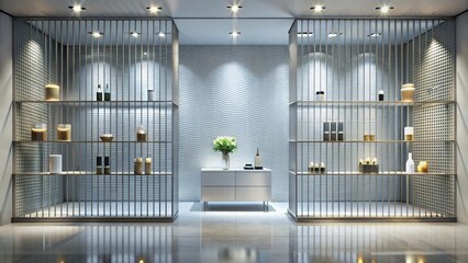 Modern minimalist interior design featuring sleek metal shelving units showcasing decorative objects and a textured wall