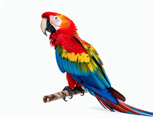 Naklejka premium Majestic Scarlet Macaw parrot with vibrant red, yellow, and blue feathers perched on a branch, isolated on a white background