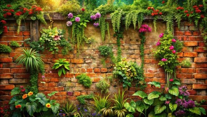 Lush greenery and vibrant blooms cascade down an aged brick wall, creating a picturesque scene of natural beauty and serene tranquility.
