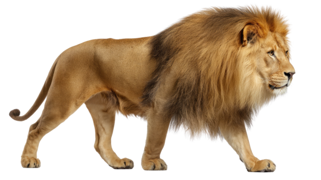 Majestic Lion in Stride: A powerful male lion strides confidently, its golden mane flowing in a display of regal dominance and untamed wilderness.