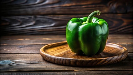 A vibrant green bell pepper rests on a rustic wooden platter, showcasing its rich color and fresh appearance against a dark wood backdrop