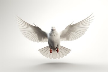 Obraz premium A graceful white dove in mid-flight, showcasing its wings against a soft, neutral background