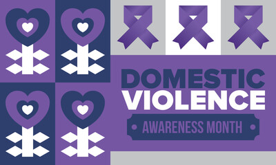 Domestic Violence Awareness Month in October. Celebrate annual in United States. Awareness purple ribbon. Day of Unity. Prevention campaign. Stop women abuse. Poster, banner and background. Vector