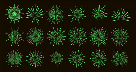 Collection of stylized, radiating, green firework bursts on a dark background.