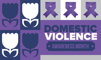 Domestic Violence Awareness Month in October. Celebrate annual in United States. Awareness purple ribbon. Day of Unity. Prevention campaign. Stop women abuse. Poster, banner and background. Vector