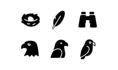 Minimalist bird icons set: silhouette style with eagle, parrot, and nest symbols