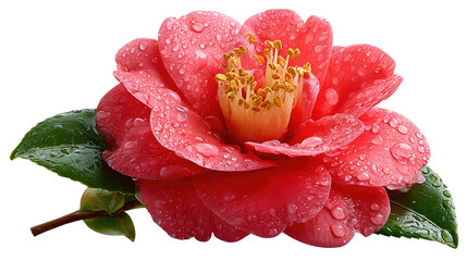 Dew Kissed Beauty: A vibrant close-up unveils the delicate petals of a Camellia flower, adorned with glistening dewdrops, showcasing nature's exquisite artistry.