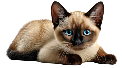 Siamese Cat with Blue Eyes: A captivating portrait of a Siamese cat, known for its striking blue eyes and distinctive point coloration, as it lies in a relaxed posture.